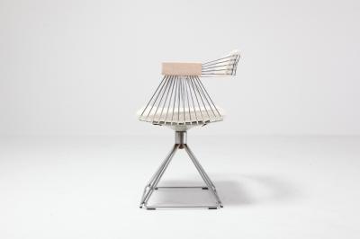 Rudi Verelst Four Postmodern Chromed Steel Wire Swivel Chairs with Ivory Wool Seating
