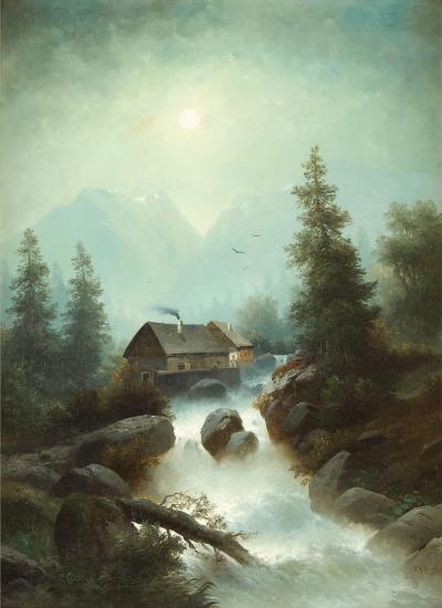 Rudolf Giffinger Large antique German 19th century Alpine waterfall landscape by Rudolf Giffinger
