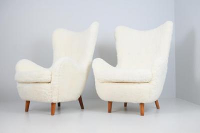 Runar Engblom Pair of Iconic Runar Engblom Vaakuna Chairs in Snow White Sheepskin 1950s