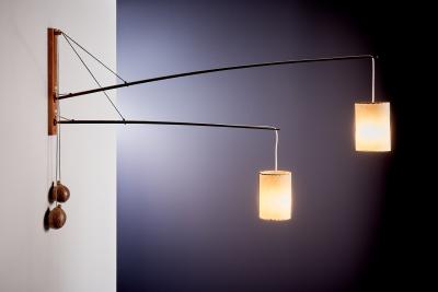 Rupprecht Skrip Huge adjustable Two Arm Teak wall light with Coconut Counterweights by Rupprecht