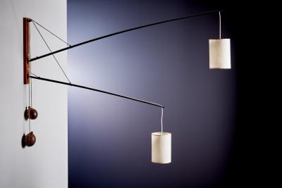 Rupprecht Skrip Huge adjustable Two Arm Teak wall light with Coconut Counterweights by Rupprecht