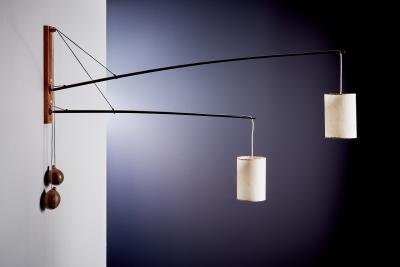 Rupprecht Skrip Huge adjustable Two Arm Teak wall light with Coconut Counterweights by Rupprecht
