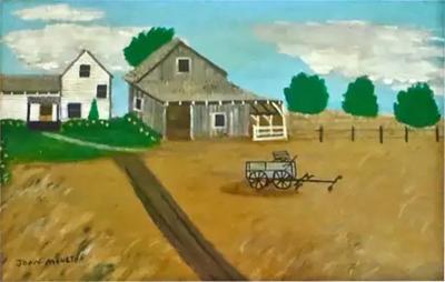 Rural Country Setting Folk Art Painting Oil on Masonite by John Moulton C 1938