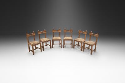 Rush and Wood Rustic Dining Chair Set Europe ca 1950s