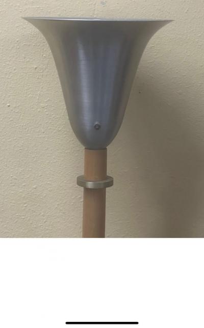 Russel Wright 1940s Russel Wright Art Deco Hardrock Maple Spun Aluminum Torchiere Floor Lamp
