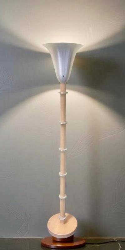 Russel Wright 1940s Russel Wright Art Deco Hardrock Maple Spun Aluminum Torchiere Floor Lamp