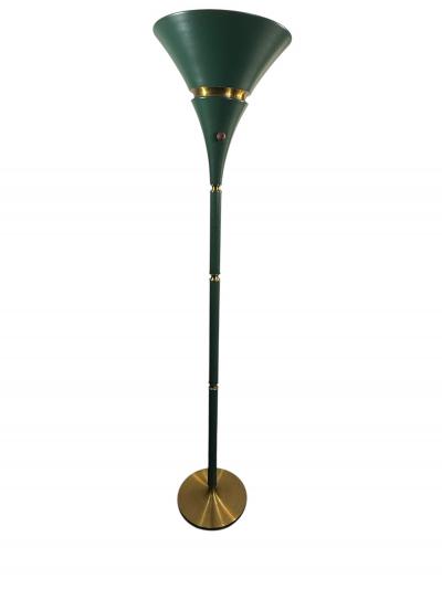 Russel Wright ART DECO GREEN ENAMELED ALUMINUM SPUN BRASS TORCHIERE BY RUSSEL WRIGHT