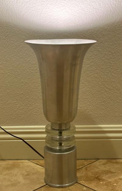 Russel Wright Aluminum Torchiere Pair with Glass Ring Accents