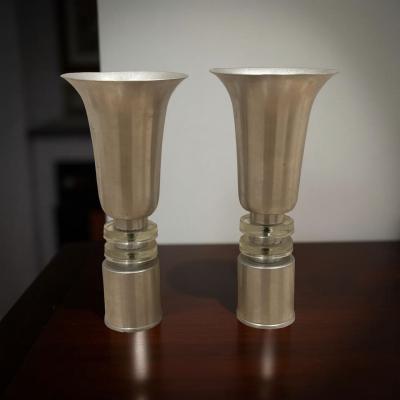 Russel Wright Aluminum Torchiere Pair with Glass Ring Accents