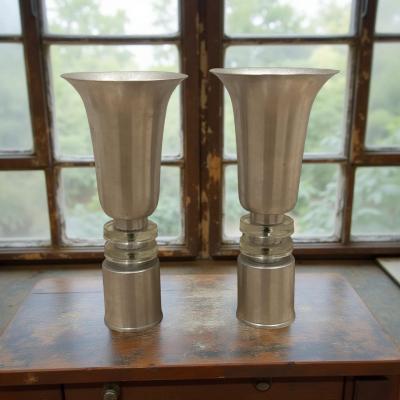 Russel Wright Aluminum Torchiere Pair with Glass Ring Accents