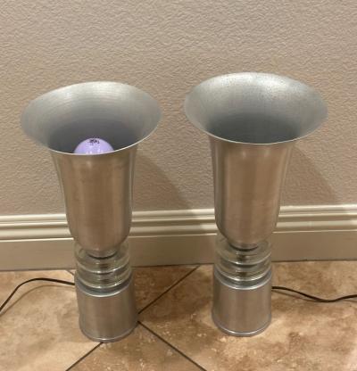 Russel Wright Aluminum Torchiere Pair with Glass Ring Accents
