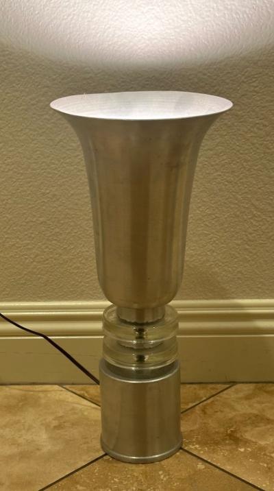 Russel Wright Aluminum Torchiere Pair with Glass Ring Accents