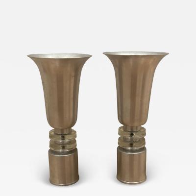 Russel Wright Aluminum Torchiere Pair with Glass Ring Accents