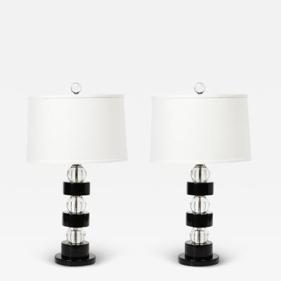 Russel Wright Pair of Art Deco Stacked Black Lacquer Glass Ball Table Lamps by Russel Wright