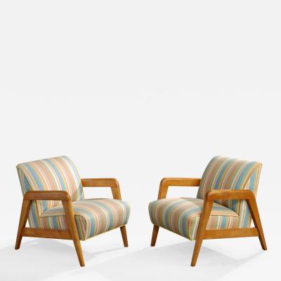 Russel Wright Russel Wright Attribution Lounge Chairs with Wood and Fabric USA 1940s