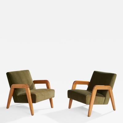 Russel Wright Russel Wright Attribution Lounge Chairs with Wood and Velvet USA 1940s