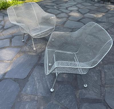 Russell Woodard Woodard Furniture Pair of Large Mid century Sculptura Iron Mesh Silver Lounge Chairs by Woodard