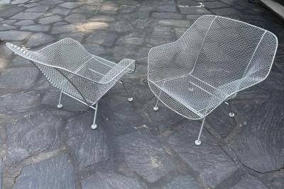 Russell Woodard Woodard Furniture Pair of Large Mid century Sculptura Iron Mesh Silver Lounge Chairs by Woodard