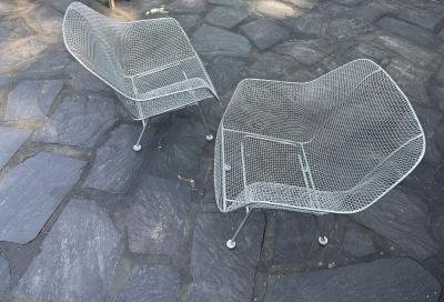 Russell Woodard Woodard Furniture Pair of Large Mid century Sculptura Iron Mesh Silver Lounge Chairs by Woodard