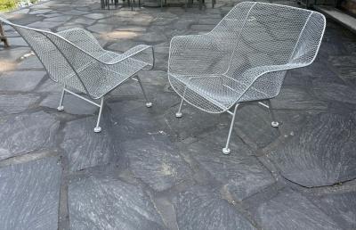 Russell Woodard Woodard Furniture Pair of Large Mid century Sculptura Iron Mesh Silver Lounge Chairs by Woodard
