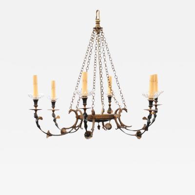 Russian Empire Style Black and Gold Six Light Chandelier with Classical Figures