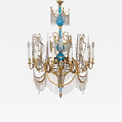 Russian cut glass ormolu and blue porcelain chandelier