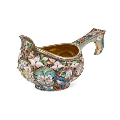 Russian kovsch in silver gilt cloisonne enamel and silver pearl