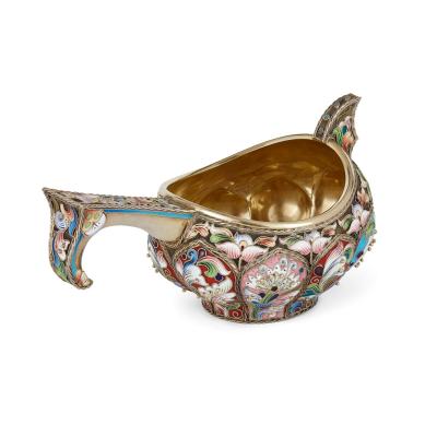 Russian kovsch in silver gilt cloisonne enamel and silver pearl