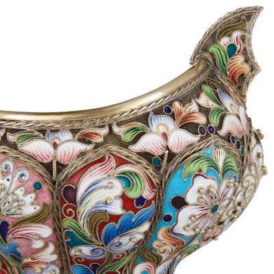 Russian kovsch in silver gilt cloisonne enamel and silver pearl