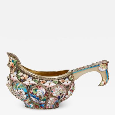 Russian kovsch in silver gilt cloisonne enamel and silver pearl