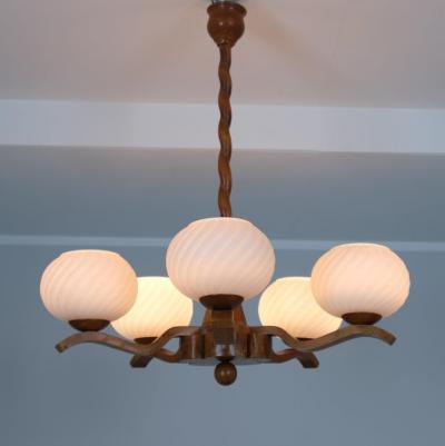 Rustic 5 Arm Pendant in Birch Curly Birch and Glass Finland 1940s