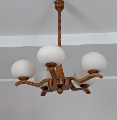 Rustic 5 Arm Pendant in Birch Curly Birch and Glass Finland 1940s