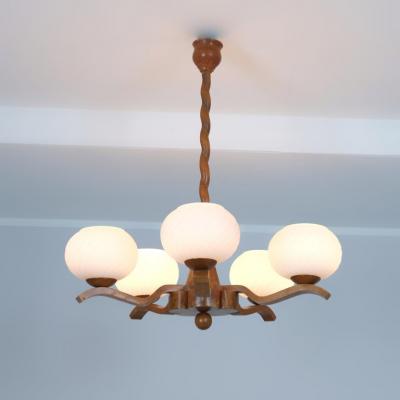 Rustic 5 Arm Pendant in Birch Curly Birch and Glass Finland 1940s