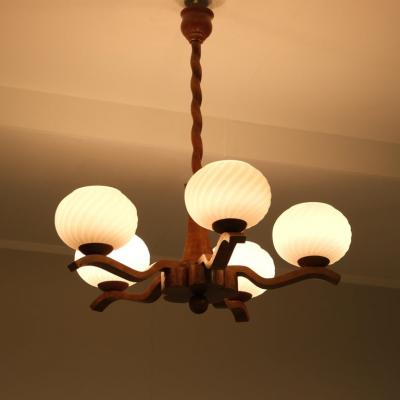 Rustic 5 Arm Pendant in Birch Curly Birch and Glass Finland 1940s