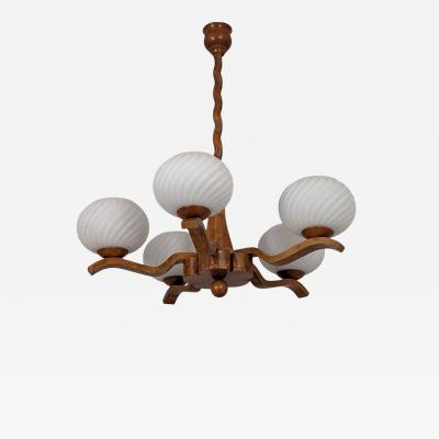 Rustic 5 Arm Pendant in Birch Curly Birch and Glass Finland 1940s