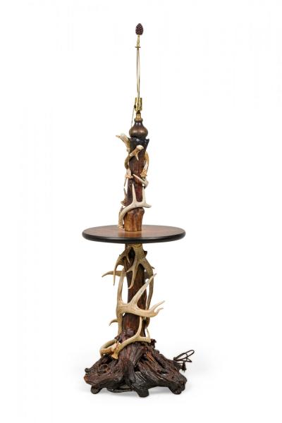 Rustic Adirondack Antler and Wood Circular Lamp Table Floor Lamp