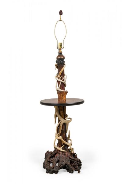 Rustic Adirondack Antler and Wood Circular Lamp Table Floor Lamp