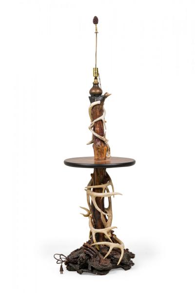 Rustic Adirondack Antler and Wood Circular Lamp Table Floor Lamp