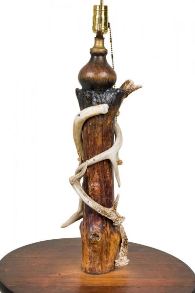 Rustic Adirondack Antler and Wood Circular Lamp Table Floor Lamp