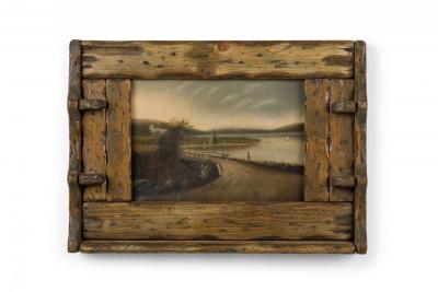 Rustic Adirondack Landscape Oil Painting in a Hewn Wood Frame