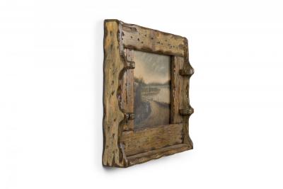 Rustic Adirondack Landscape Oil Painting in a Hewn Wood Frame