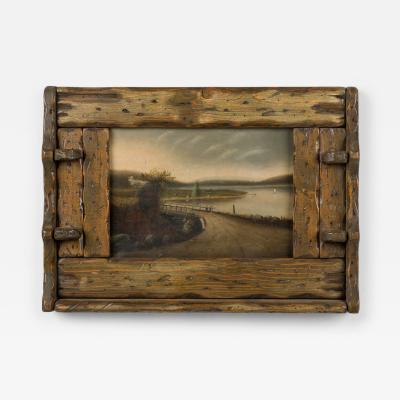 Rustic Adirondack Landscape Oil Painting in a Hewn Wood Frame