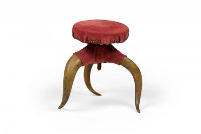Rustic American Victorian Three Legged Horn and Burgundy Suede Footstool