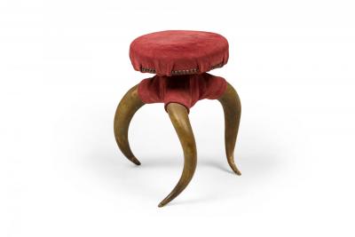 Rustic American Victorian Three Legged Horn and Burgundy Suede Footstool