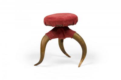 Rustic American Victorian Three Legged Horn and Burgundy Suede Footstool