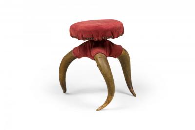 Rustic American Victorian Three Legged Horn and Burgundy Suede Footstool