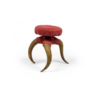 Rustic American Victorian Three Legged Horn and Burgundy Suede Footstool