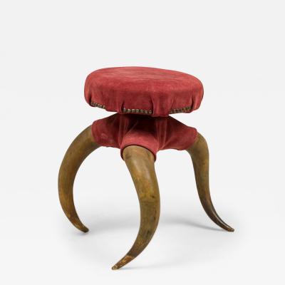 Rustic American Victorian Three Legged Horn and Burgundy Suede Footstool