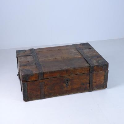 Rustic Antique Peasant Wooden Chest in Dark Brown 19th Century Finland