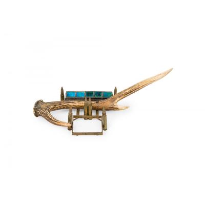 Rustic Antler Inkwell Stand with Glass and Metal Pen Holder